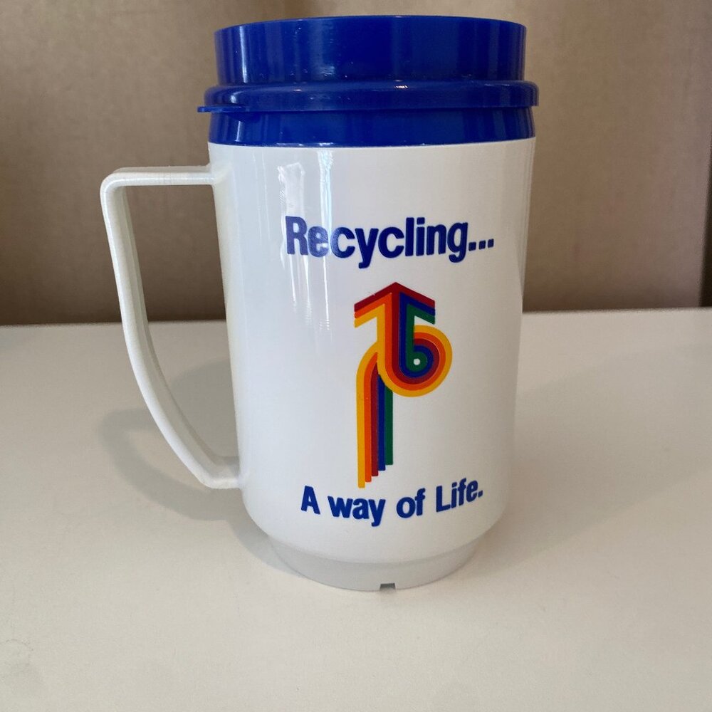 Vintage IBM Recycling Mug Plastic‎ Travel Cup Blue Lid Retro 80s
